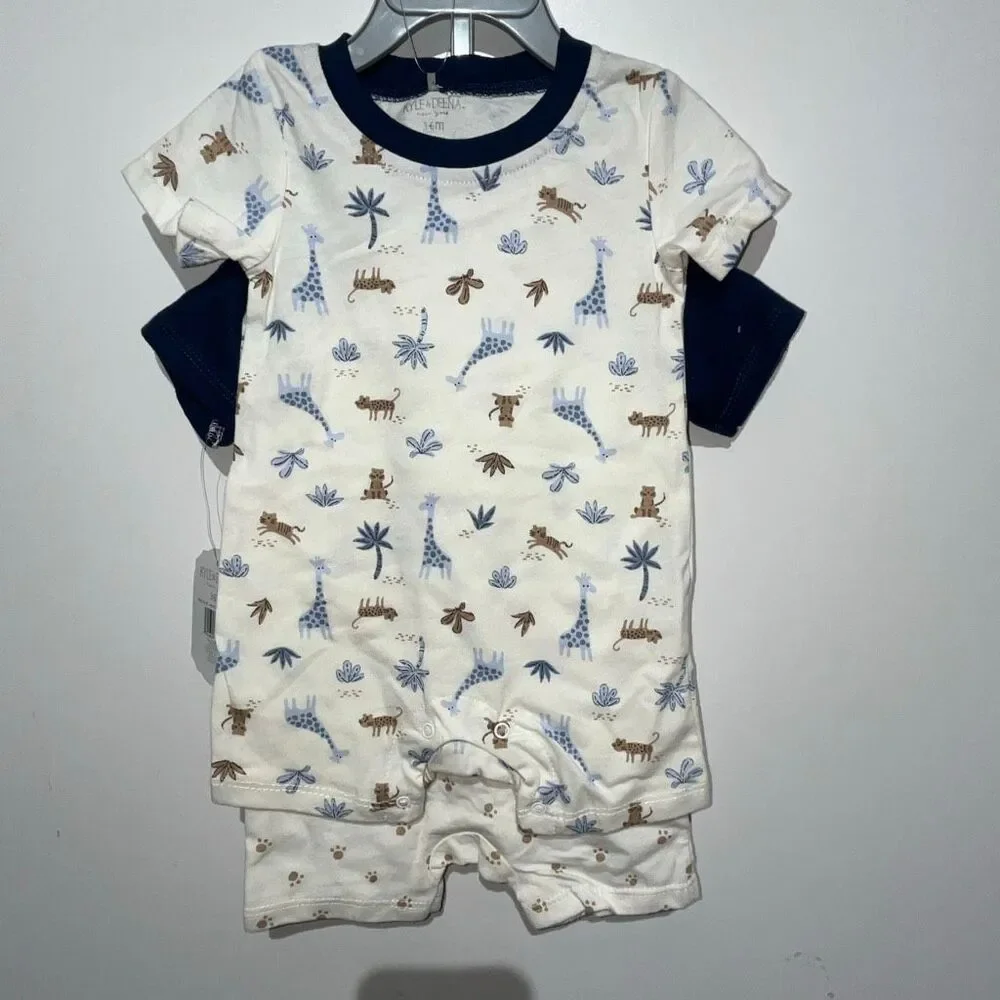 Lot of 2 Kyle & Deena Baby Blue White Cartoon Giraffe Romper Size 3-6 Months NWT
